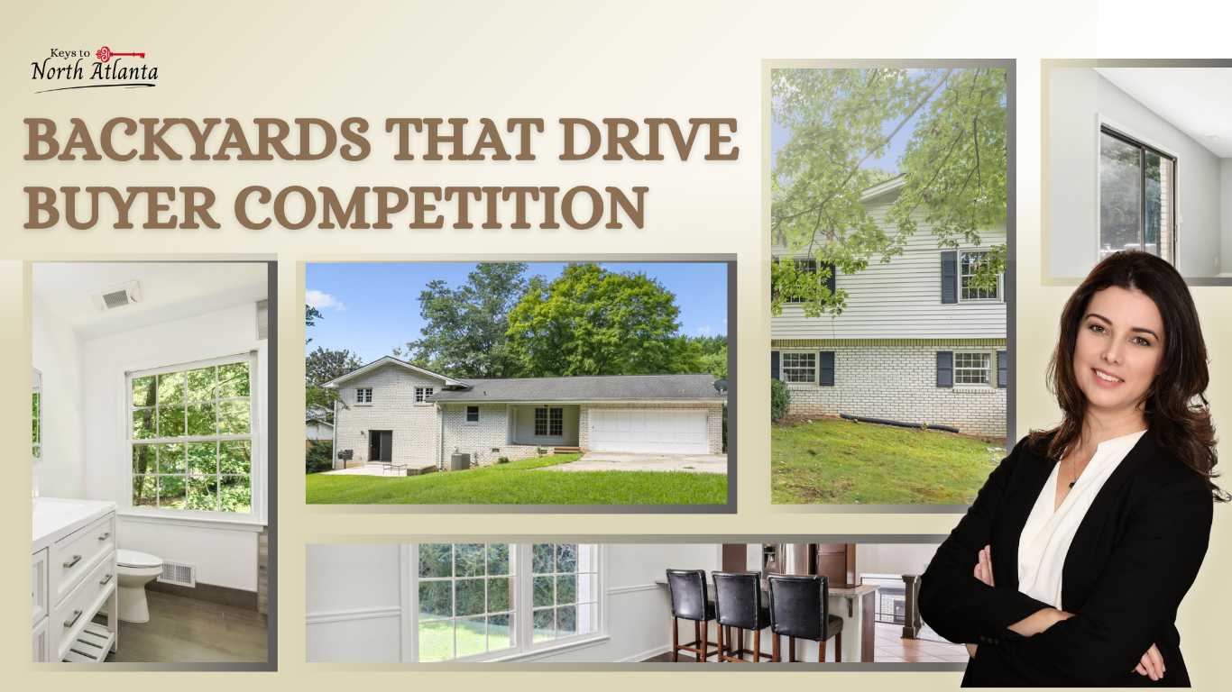 Backyard patio collage with windows, landscaping, and a woman beside the headline “Backyards that drive buyer competition”