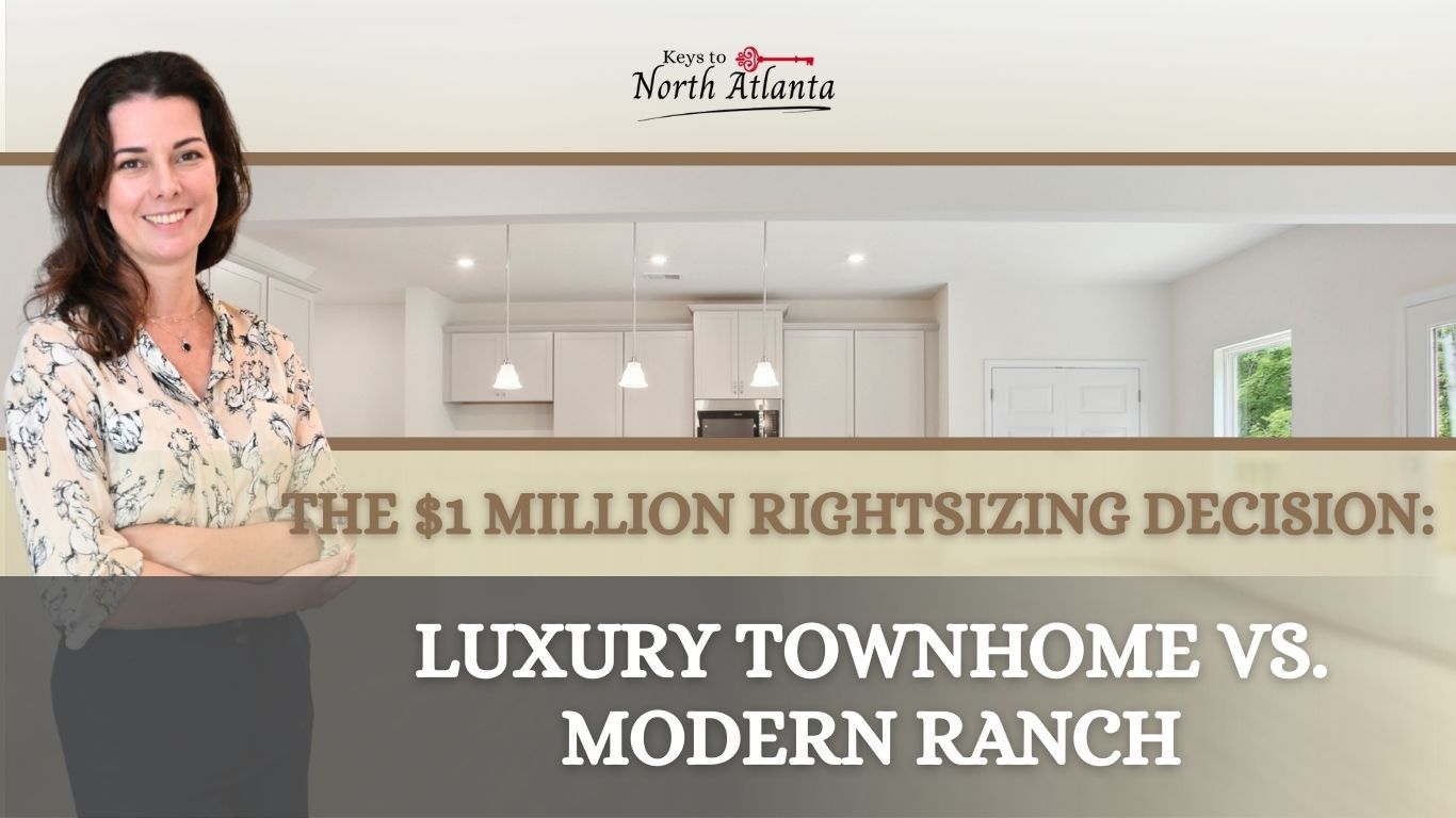 Woman in front of luxury home image. Text: