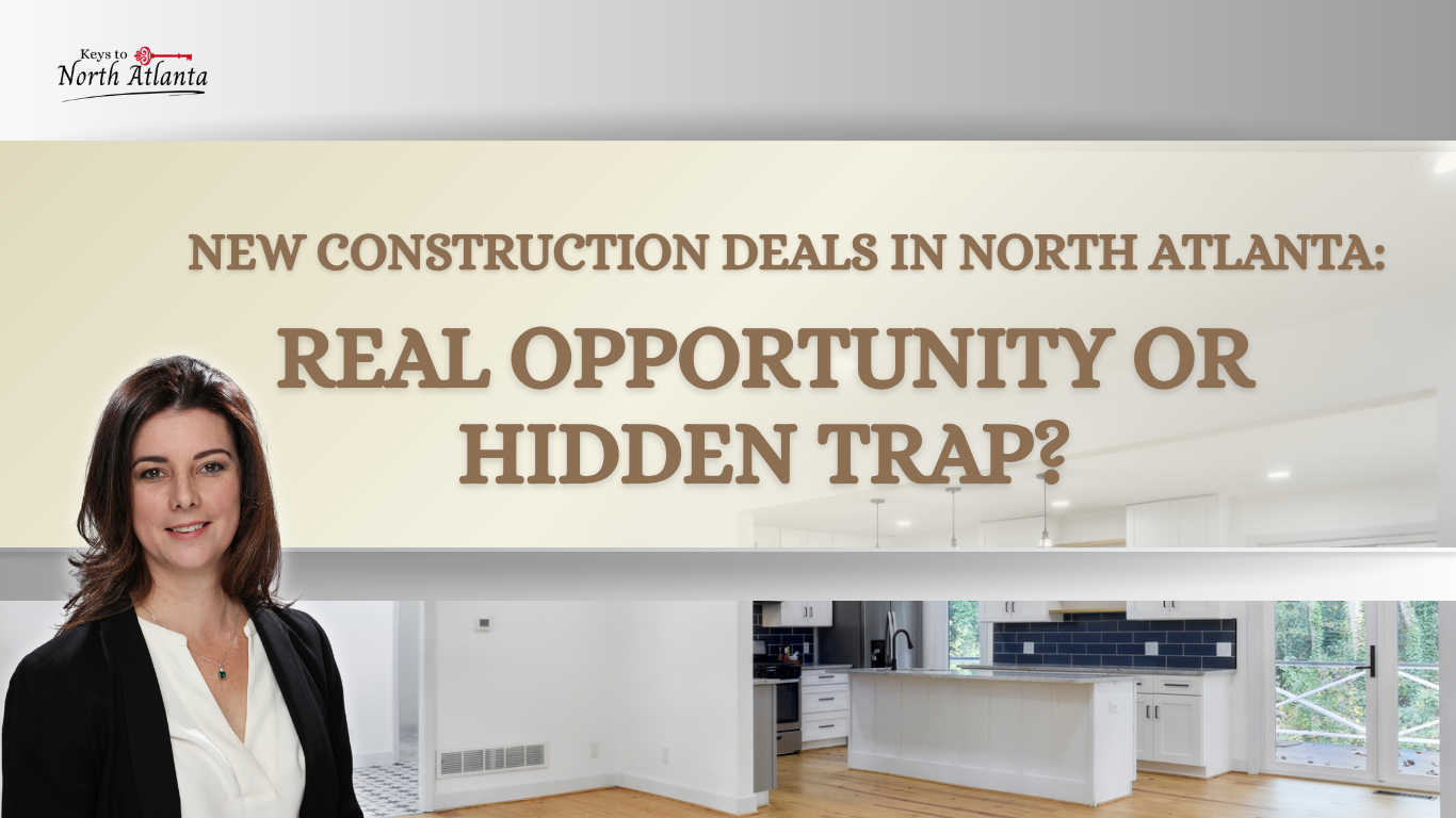 North Atlanta new construction promo with woman, kitchen interior, and headline: real opportunity or hidden trap?