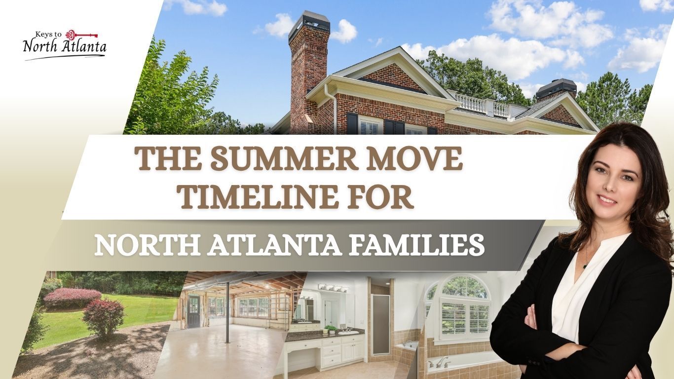 The Summer Move timeline for North Atlanta families, with a house and a smiling woman in a black blazer