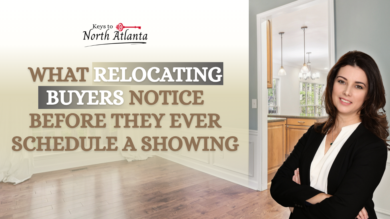 Woman in black blazer beside a bright living room with text: “What relocating buyers notice before they ever schedule a showing.”