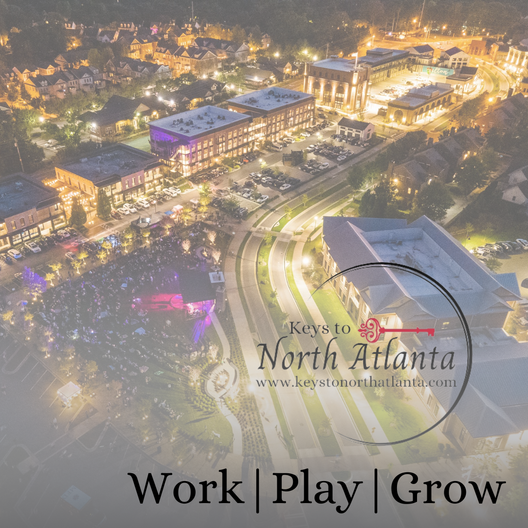 An aerial view of Crabapple Market, Crabapple Georgia, at night