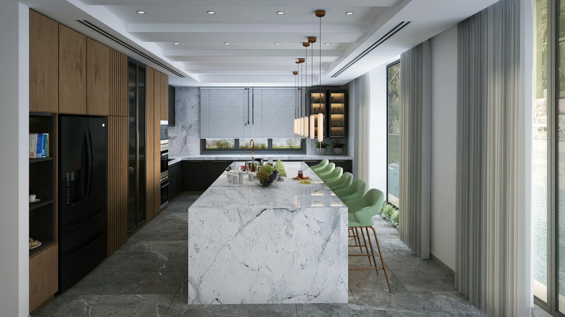 Modern kitchen with a long white marble island, light green bar stools, wooden cabinets, and large floor-to-ceiling windows.