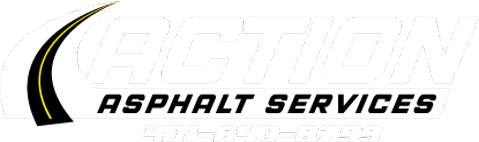 A black and white logo for Action Asphalt Services with a road in the middle.