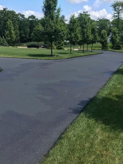 A asphalt driveway surrounded by grass and trees on a sunny day.