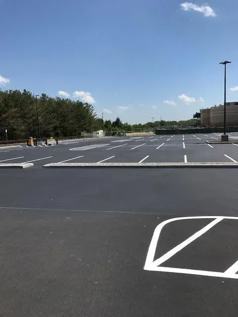 An empty parking lot with a white line in the middle