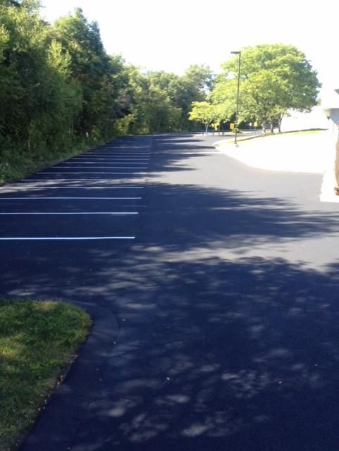 A parking lot with trees on the side of it