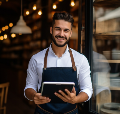 Man with dark hair and beard, wearing apron, holding tablet, smiling in doorway of shop.