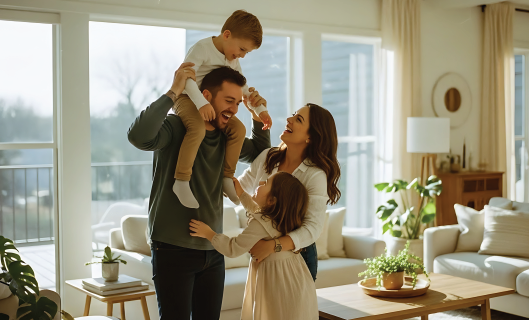 A smiling family playing in a sunlit living room, with a parent carrying a child on their shoulders.