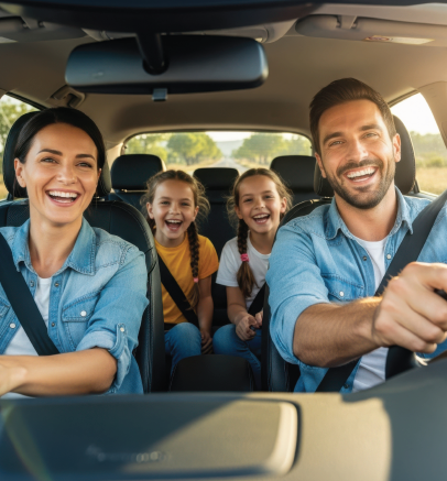 A family of four laughing in the front and back seats of a car during a sunny road trip.
