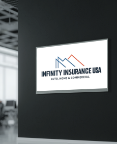 Logo for Infinity Insurance USA on a sign against a black office wall, featuring blue and orange line-art mountains.