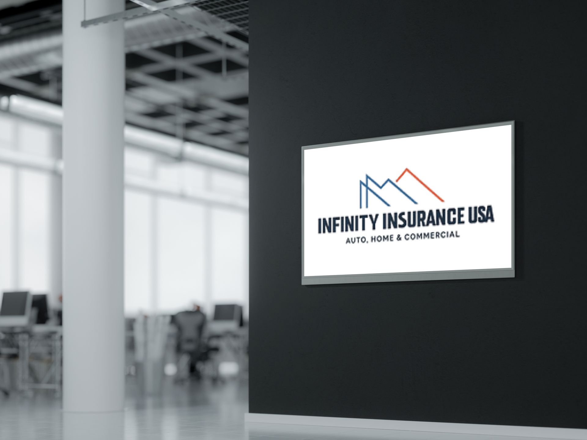 A sign on a black office wall featuring the Infinity Insurance USA logo with blue and orange mountain-like lines.
