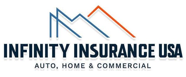 Logo for Infinity Insurance USA with stylized blue and orange mountain lines above the text and service categories.