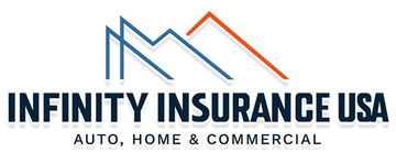 Logo for Infinity Insurance USA with stylized blue and orange mountain lines above the text and service categories.