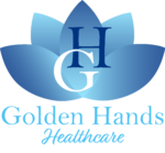 Logo for Golden Hands Healthcare: Blue lotus flower with "HG" letters, beneath text "Golden Hands Healthcare".