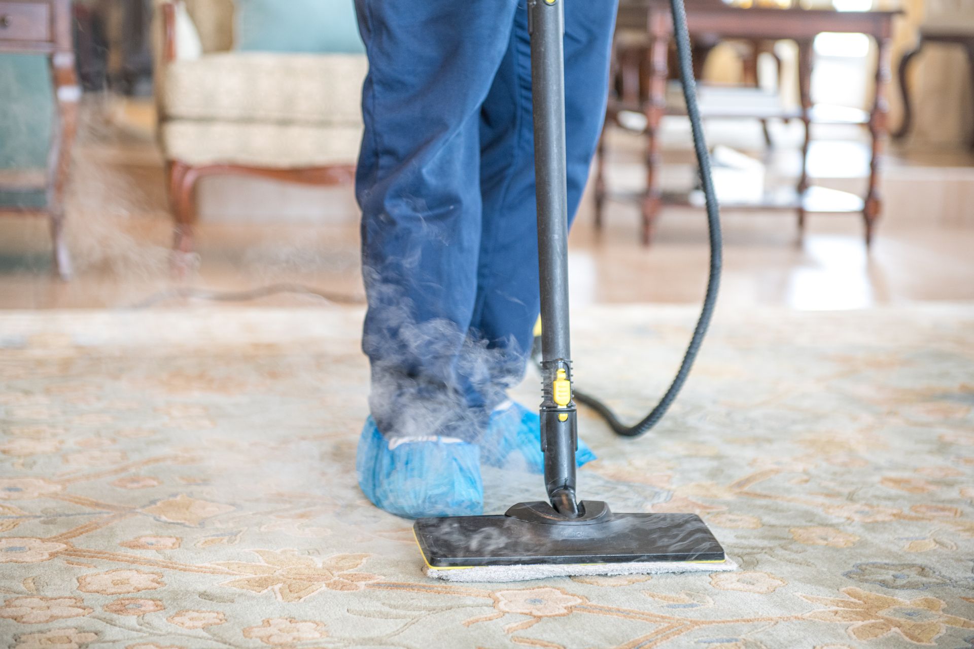 A person is using a steam mop to clean a rug in a living room.