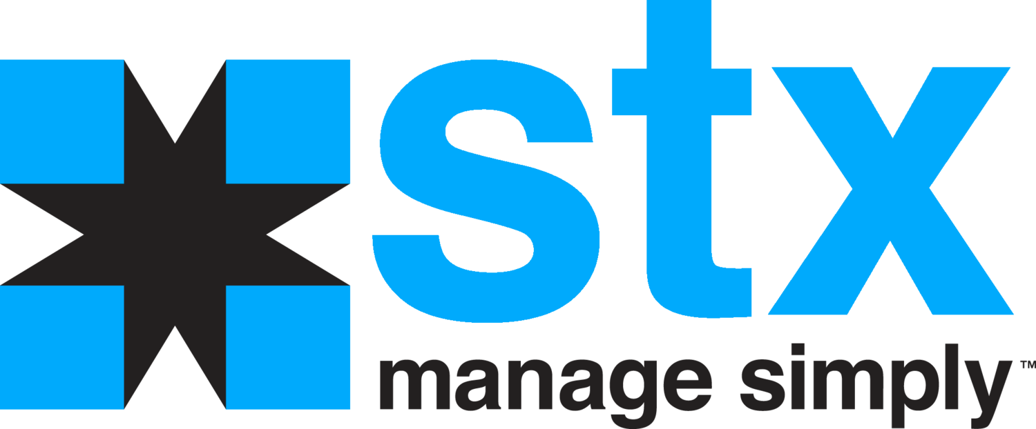 A blue and black logo for stx manage simply
