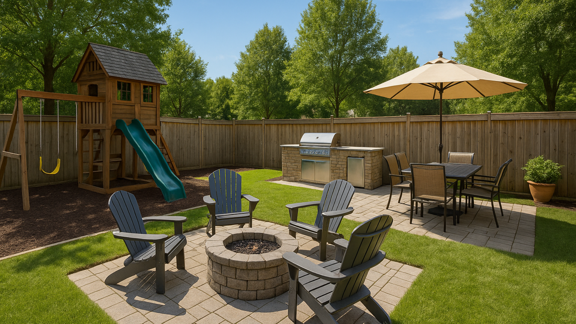 Backyard with playset, grill, seating area, and fire pit; green grass, blue sky.