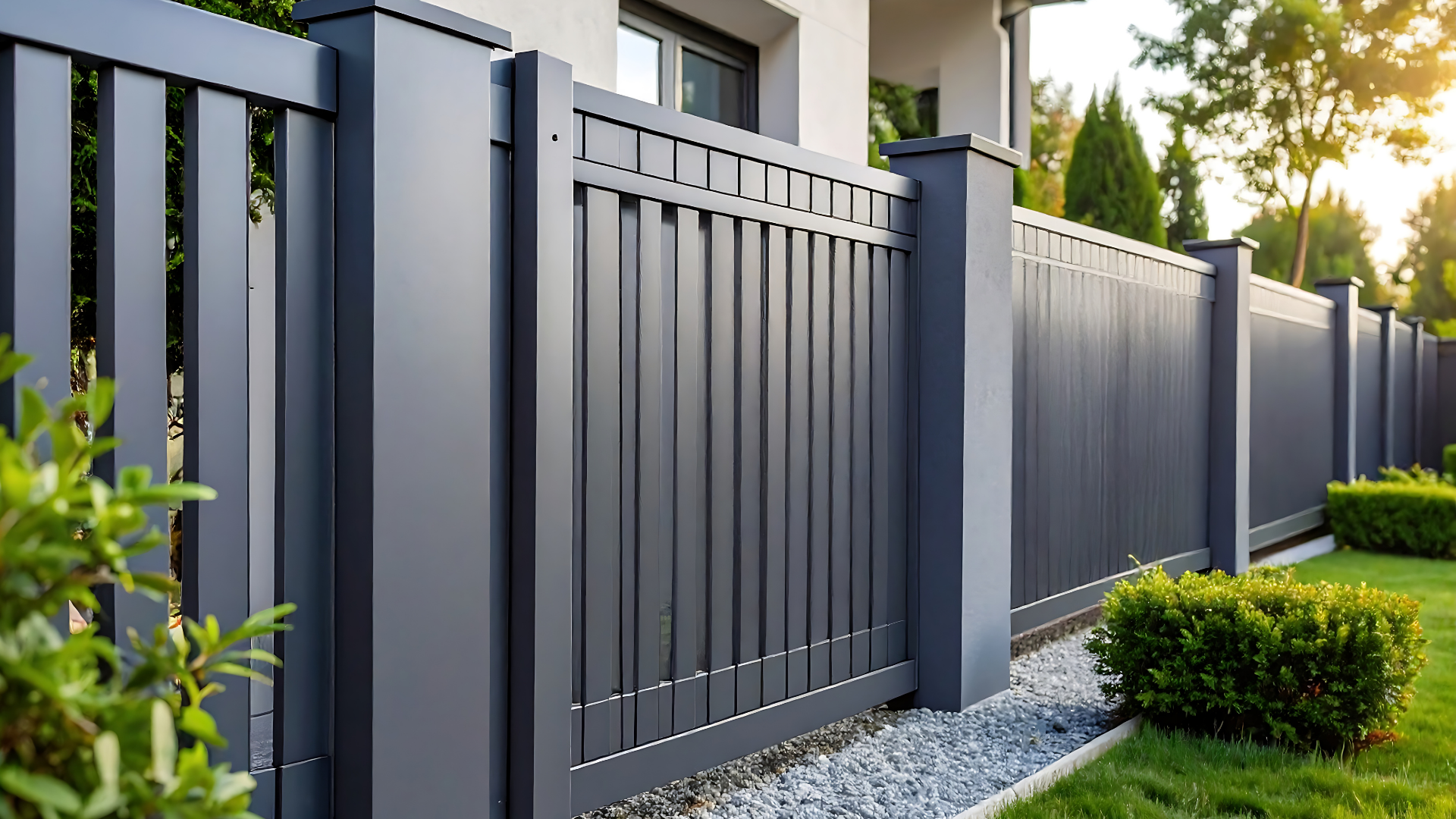 Dark gray modern fence surrounding a yard with hedges and a house.
