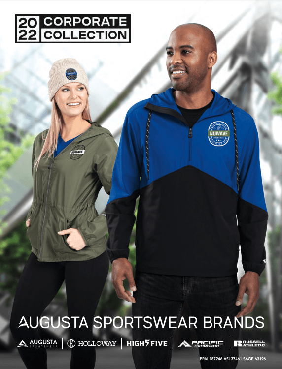 A man and a woman are standing next to each other wearing augusta sportswear brands.