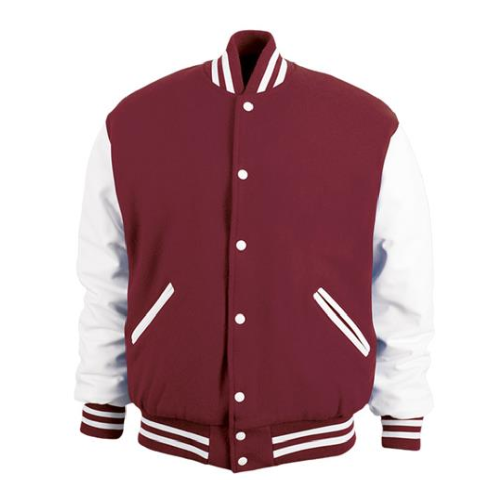 A maroon and white varsity jacket with white stripes on the sleeves