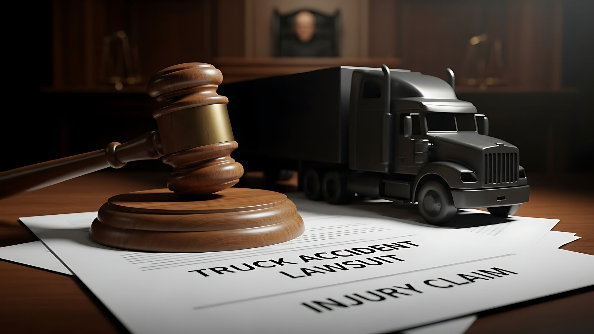 Tractor trailer accident lawsuit and injury claim documents beside a judge's gavel and a model semi-truck. Tractor trailer accident lawsuit and injury claim documents beside a judge's gavel and a model semi-truck.