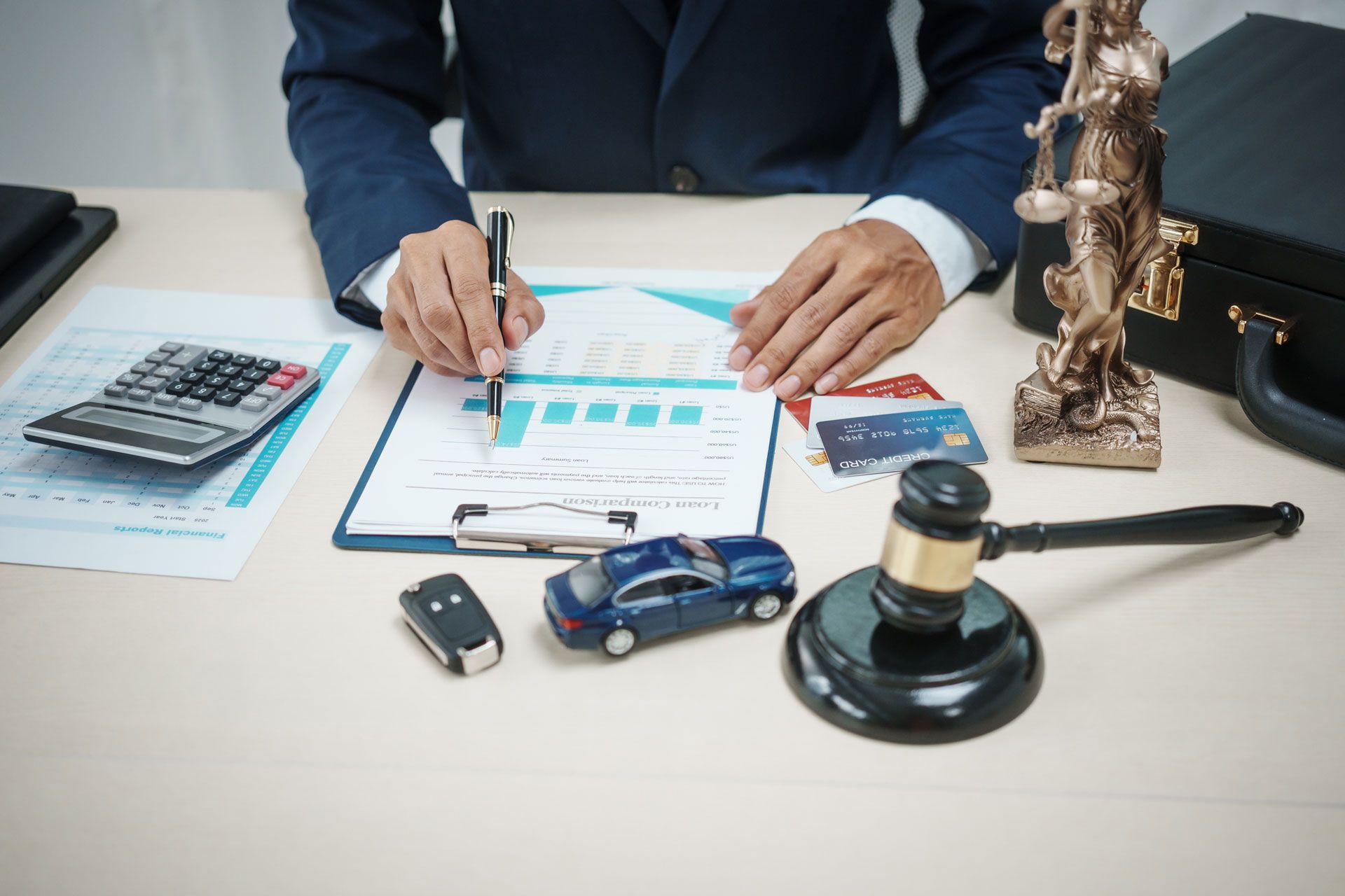 A lawyer with a loan document, a calculator, cards, a car key, a toy car, and a gavel on a desk.