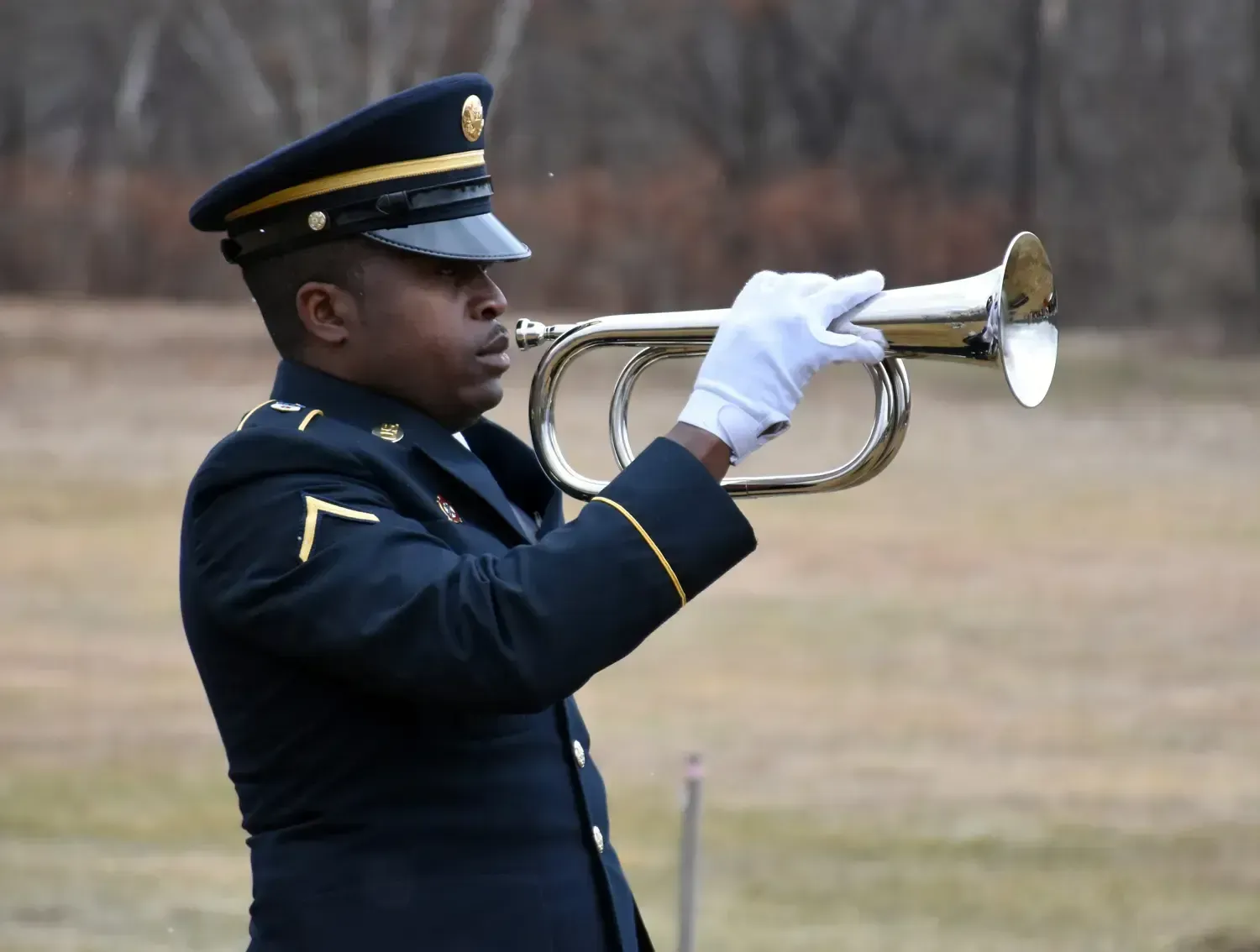 Soldier in uniform plays a bugle outdoors, wearing white gloves.
