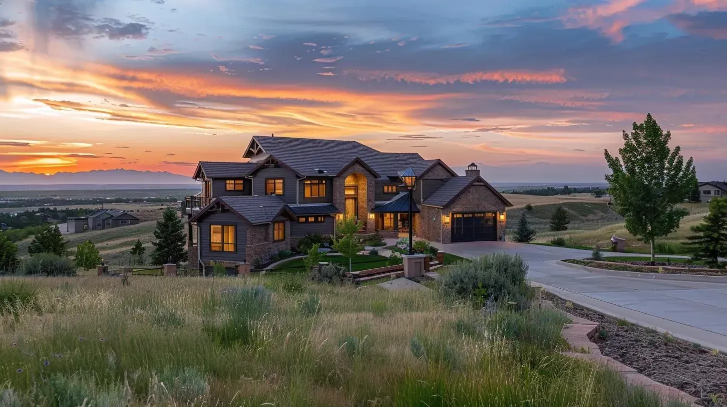 A large house at sunset with a paved driveway, surrounded by grassy hills and a dramatic, colorful sky.