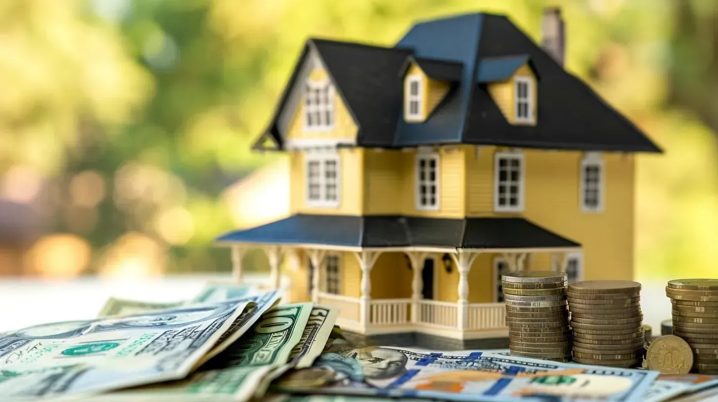 Miniature house model with stacks of coins and US dollar bills, symbolizing home investment or mortgage savings