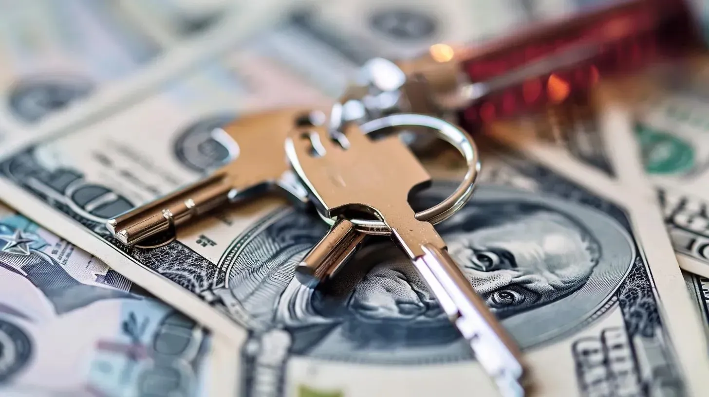 Keys on US dollar bills, symbolizing money, savings, or home ownership