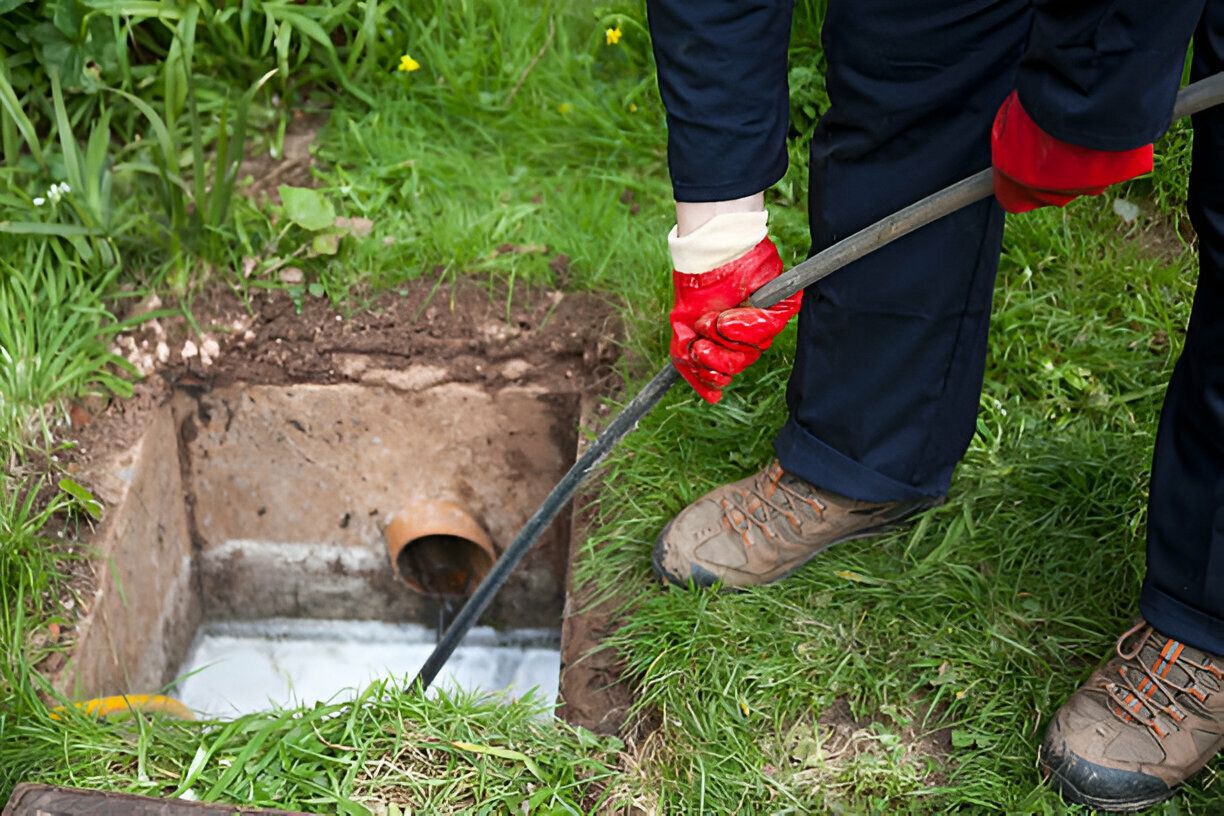 A person is using a hose to drain a septic tank.