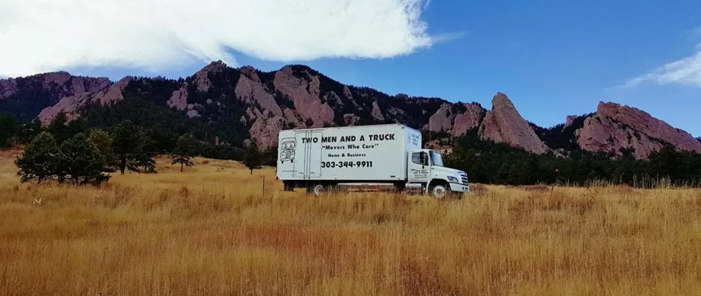 A white truck is driving through a field with mountains in the background.