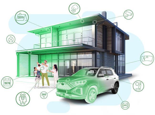 A family is standing in front of a smart house with a car in front of it.