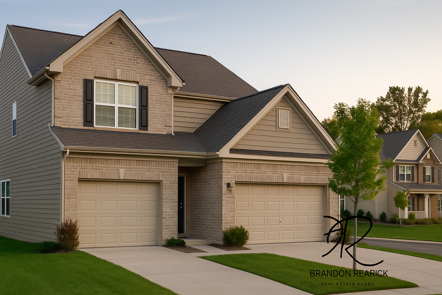 A brick house with two garage doors in a residential neighborhood Brandon Rearick Englewood Colorado