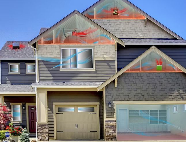 An illustration of a house with a garage and a lot of windows