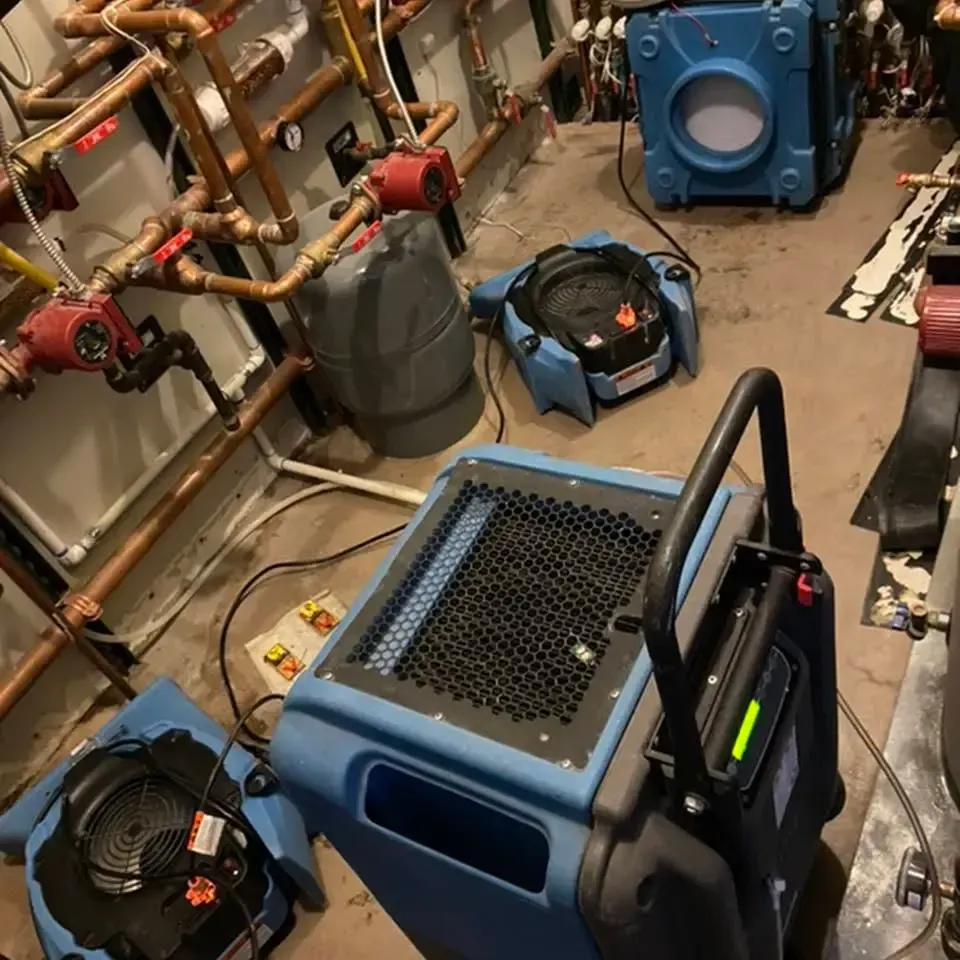 A room with a lot of pipes and appliances on the floor