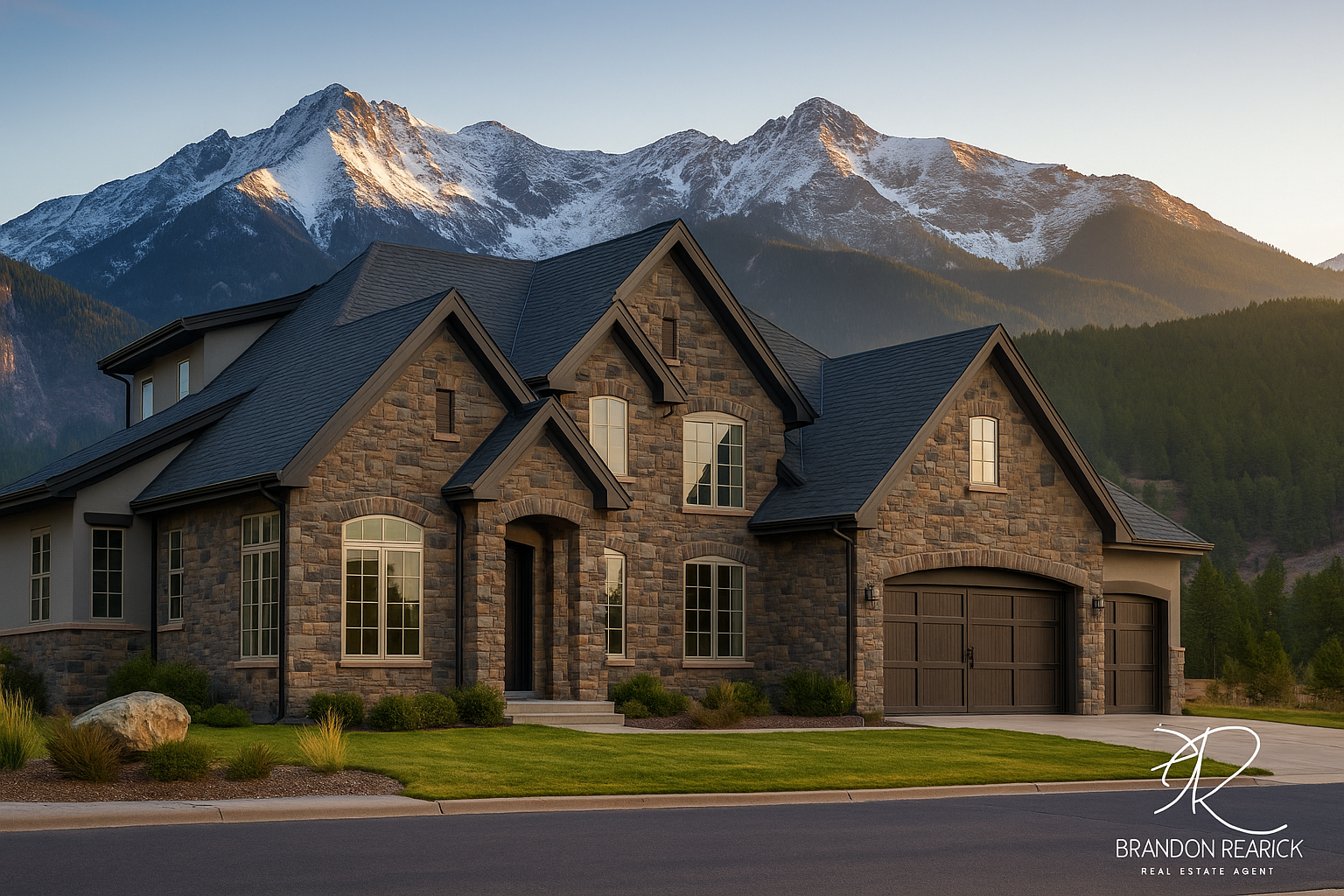 A large brick house with mountains in the background brandon rearick englewood colorado