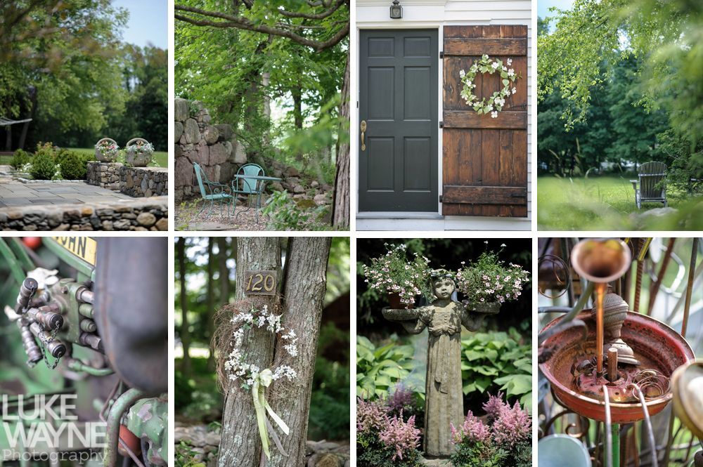 Assorted outdoor scenes featuring stone structures, trees, a door, and greenery.