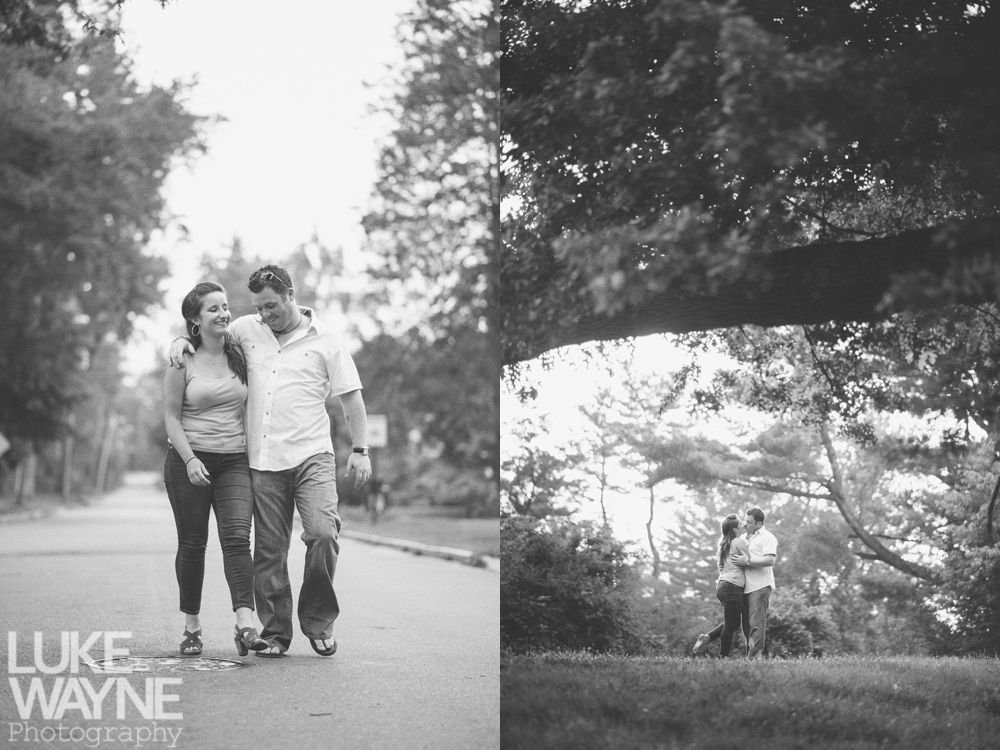 Couple walking and embracing in a park, black and white photos.