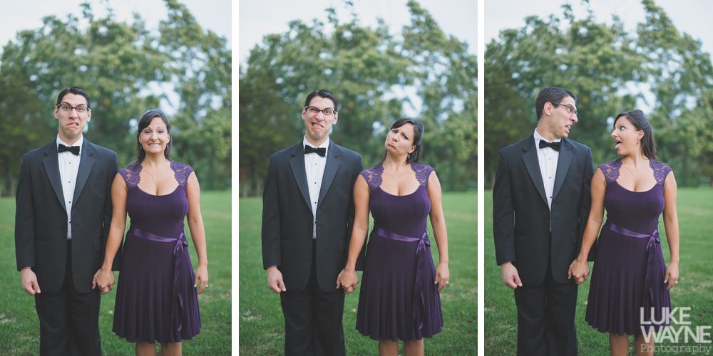 Couple posing, each photo with a different silly facial expression. They are holding hands and in front of a tree.