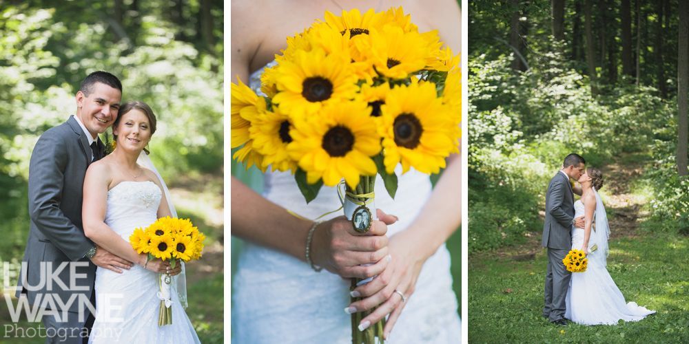 Wedding photos of a couple in a forest setting. The bride holds a sunflower bouquet. The groom kisses the bride.