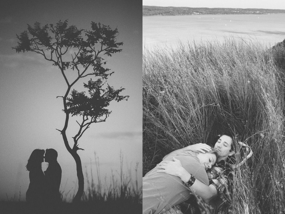 Wedding couple in forest; one embraced, one poses.