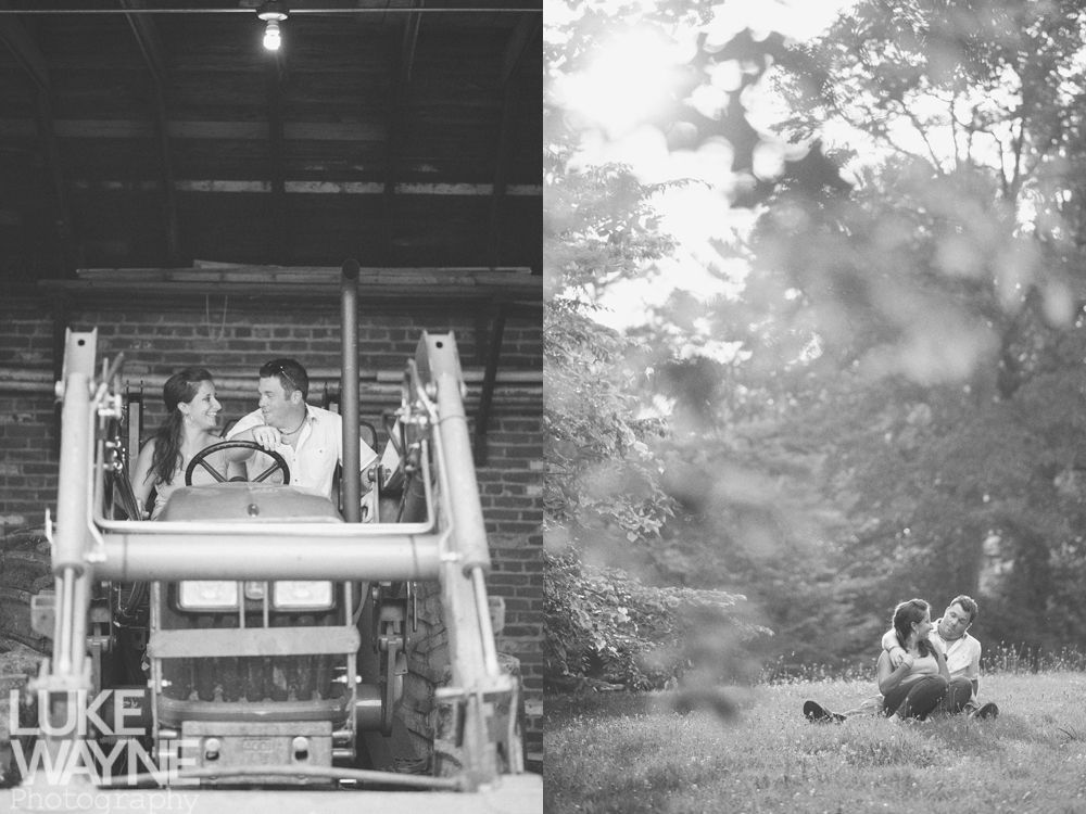 Couple on tractor and in grassy field, both in black and white.