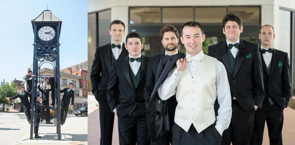 Wedding couple in forest; one embraced, one poses.