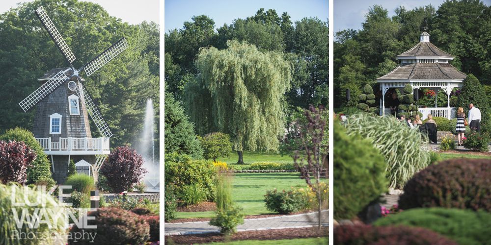 A windmill, weeping willow, and gazebo in a lush garden setting.