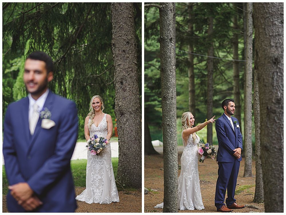 Wooden wedding arch decorated with greenery and red and white flowers, outdoors.