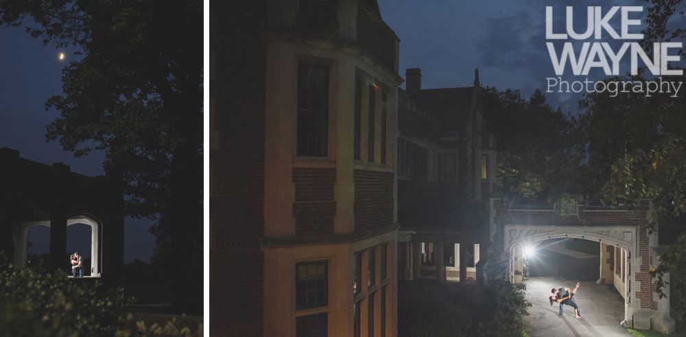 Night shot of buildings, with a figure skating down a dimly lit path. A person appears in a window.