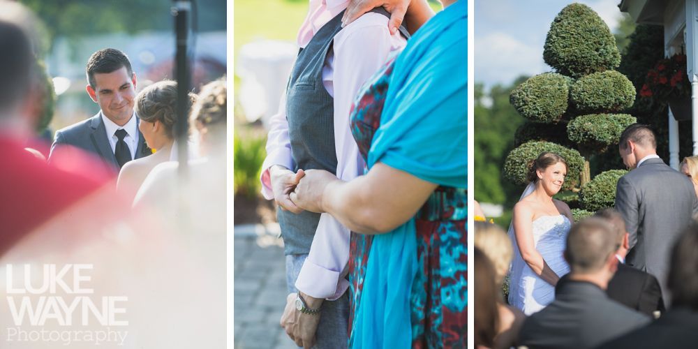 Wedding ceremony: couple at the altar, guests watching. Outdoor setting.