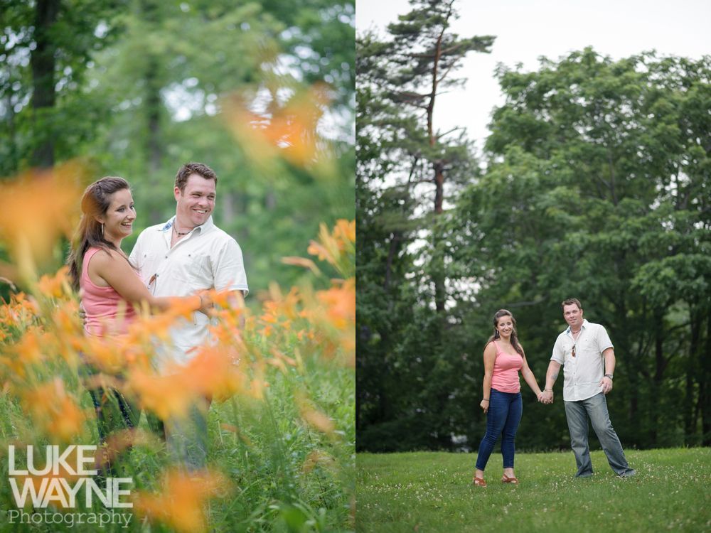 Couple in a field of orange flowers and then holding hands on green grass under trees.